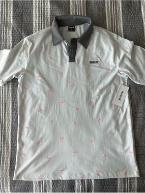 Hurley Light Gray Polo with Pink Flamingo Motif and Dark Gray Collar